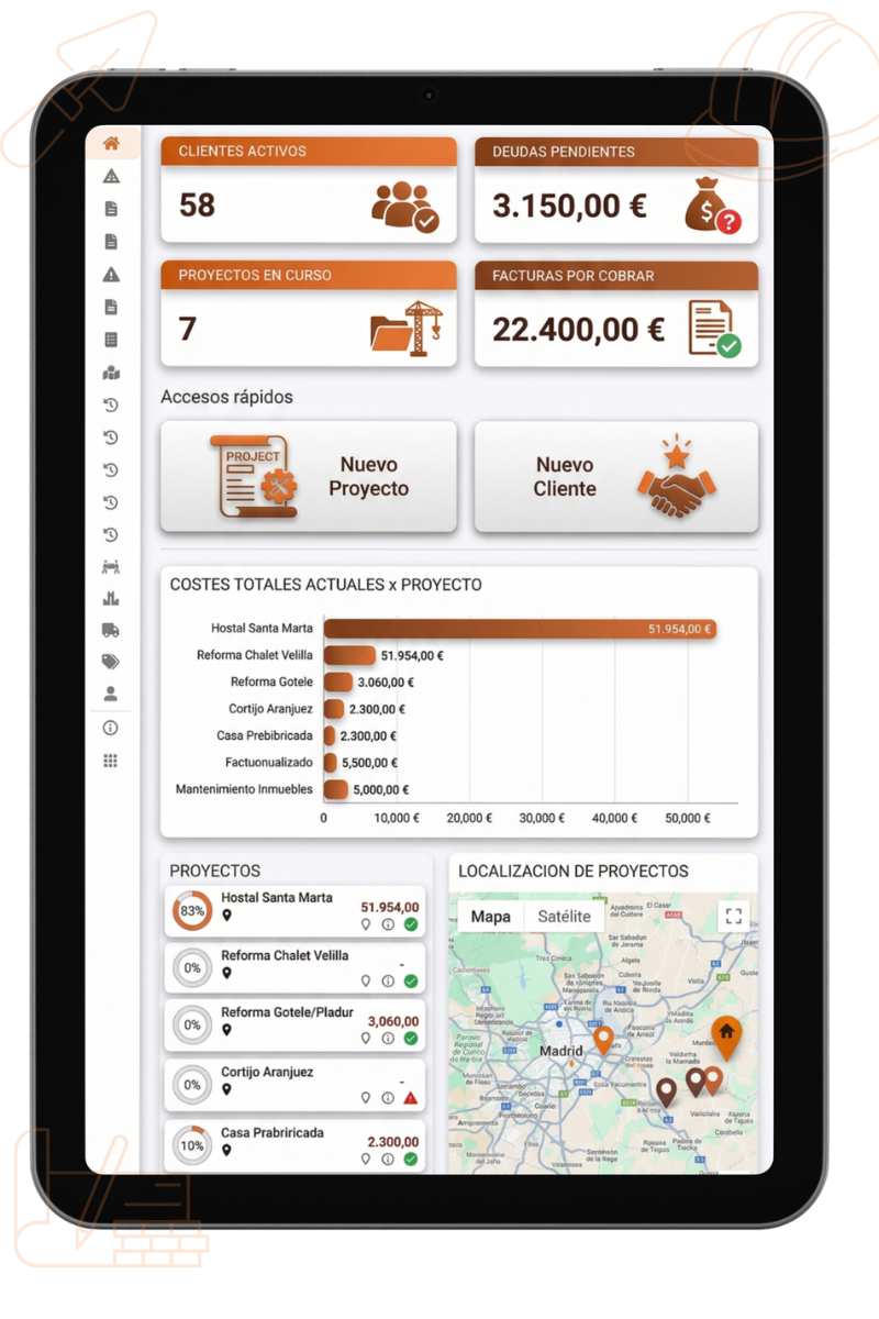 Dashboard de la aplicación Optima para Gestión de Obras y Reformas